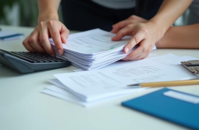 Hands meticulously organizing bills and financial documents, symbolizing effective debt management strategies.