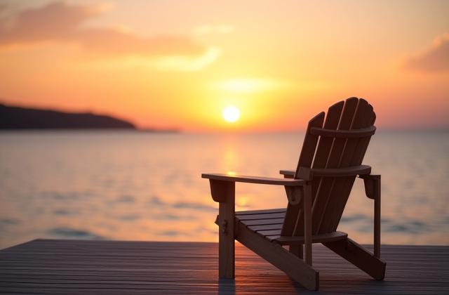 A serene landscape with a sunset and a comfortable chair, representing retired life and successful financial planning.